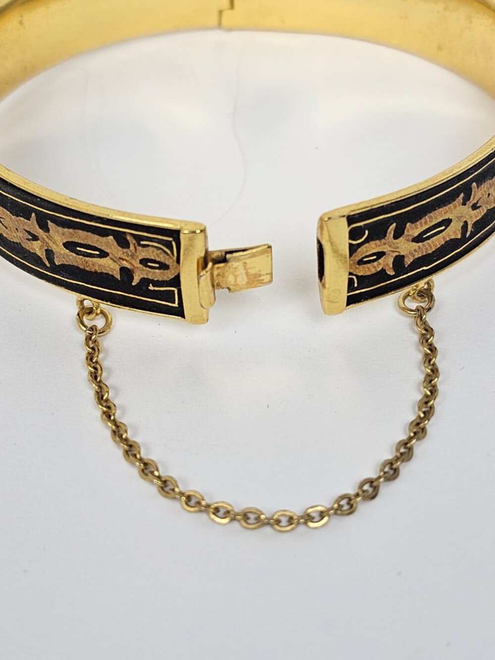 Vtg Damascene Floral Hinged Bangle Bracelet Black Rose Yellow Gold Tone Inlay - Picture 6 of 14
